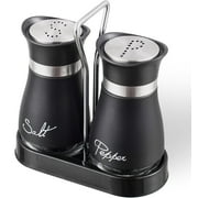 BYXAS Stainless Steel Salt and Pepper Shakers Set with Holder, Refillable, Clear Glass Bottoms, Screw-Off Perforated "S" and "P" Caps for Kitchen Table Decor Set of 2 Black
