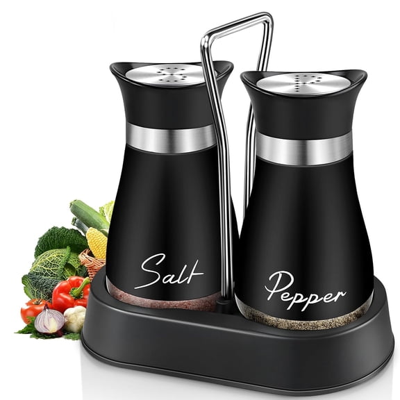 Salt & Pepper Shaker Set with Holder, 4oz Glass Stainless Steel Seasoning Bottle Dispenser, Electroplated Handle for Table, RV, Camp, BBQ(Black)