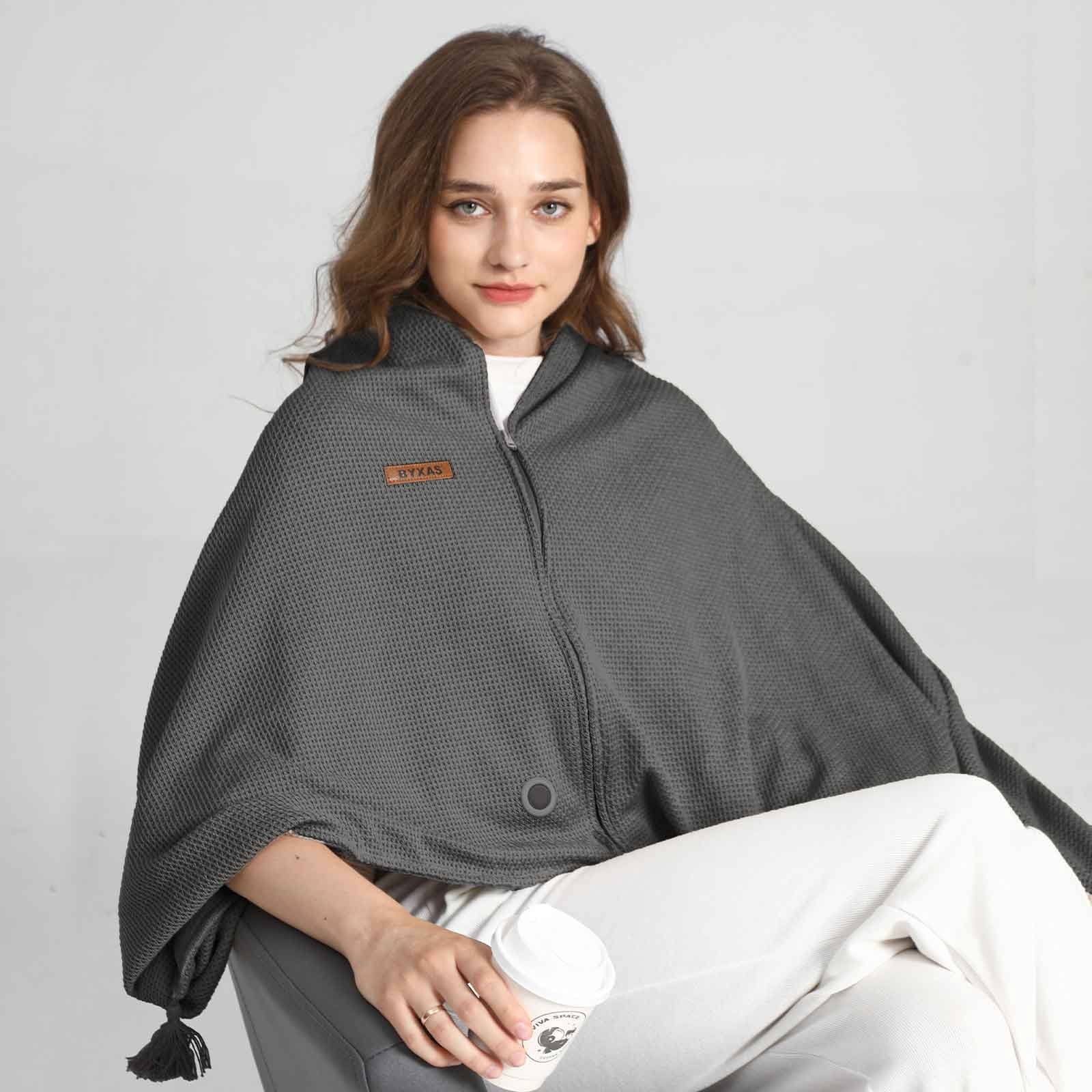 BYXAS Cordless Heated Blanket USB Heated Blanket Portable Electric Blanket Warm Heated Shawl 3 Heating Levels Soft Car Heated Blanket, Wearable Heated Throw Blanket for Home&Outdoor (Gray)