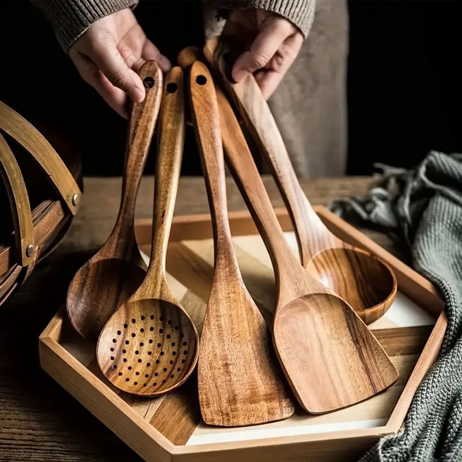 BYXAS Wood Kitchen Utensils Set, 5 Pcs Natural Acacia Wooden Spoons for Cooking for Non-stick Skillet, Utensil Set for Cooking with Soup Ladle and Wok Spatulas, Salad Fork, Spurtles for Cooking