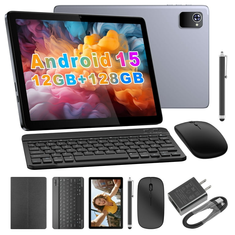 BYYBUO 10.1 Inch Android 15 Tablet Bundle w/ Keyboard Case, Mouse