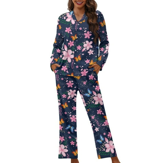 Kuiaobaty Cherry Blossom Butterfly Print Pajama Set for Women Homewear Sleepwear Comfy Loungewear Soft Casual Daily Wear Nightwear Sets, M