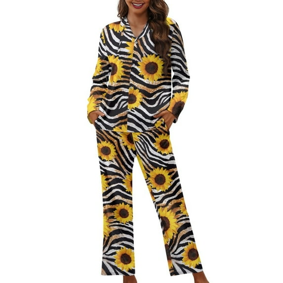 Kuiaobaty Sunflower Print 2 Pieces Sleepwear Set Zebra Stripe Design Women's Pajamas Set Long Sleeve Tee Shirts Tops and Long Pants 2 Pack Loungewear Set Pajamas Sleepwear, 2XL