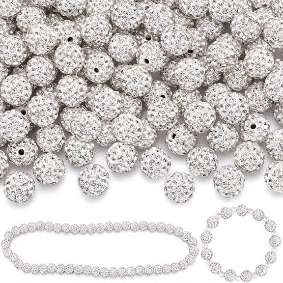 BZCOE 100 Pcs White Rhinestone Beads for Jewelry Making,Sparkle Crystal Clay Christmas for Bracelet Baseball Necklace Earring Crafting and Diy,Shiny Round Shamballa Disco Ball Beads Bulk