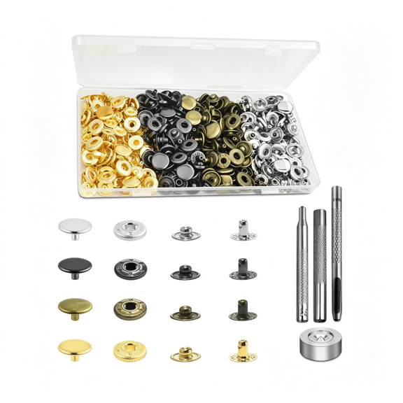 BZCOE 100 Sets Leather Snap Fasteners Kit,10Mm Snaps Button,Metal Snap Buttons Press Studs with 4 Install Tools 4 Colors for Leather Bag Clothes Jackets Jeans Wears Bracelets Fashion Diy Sewing