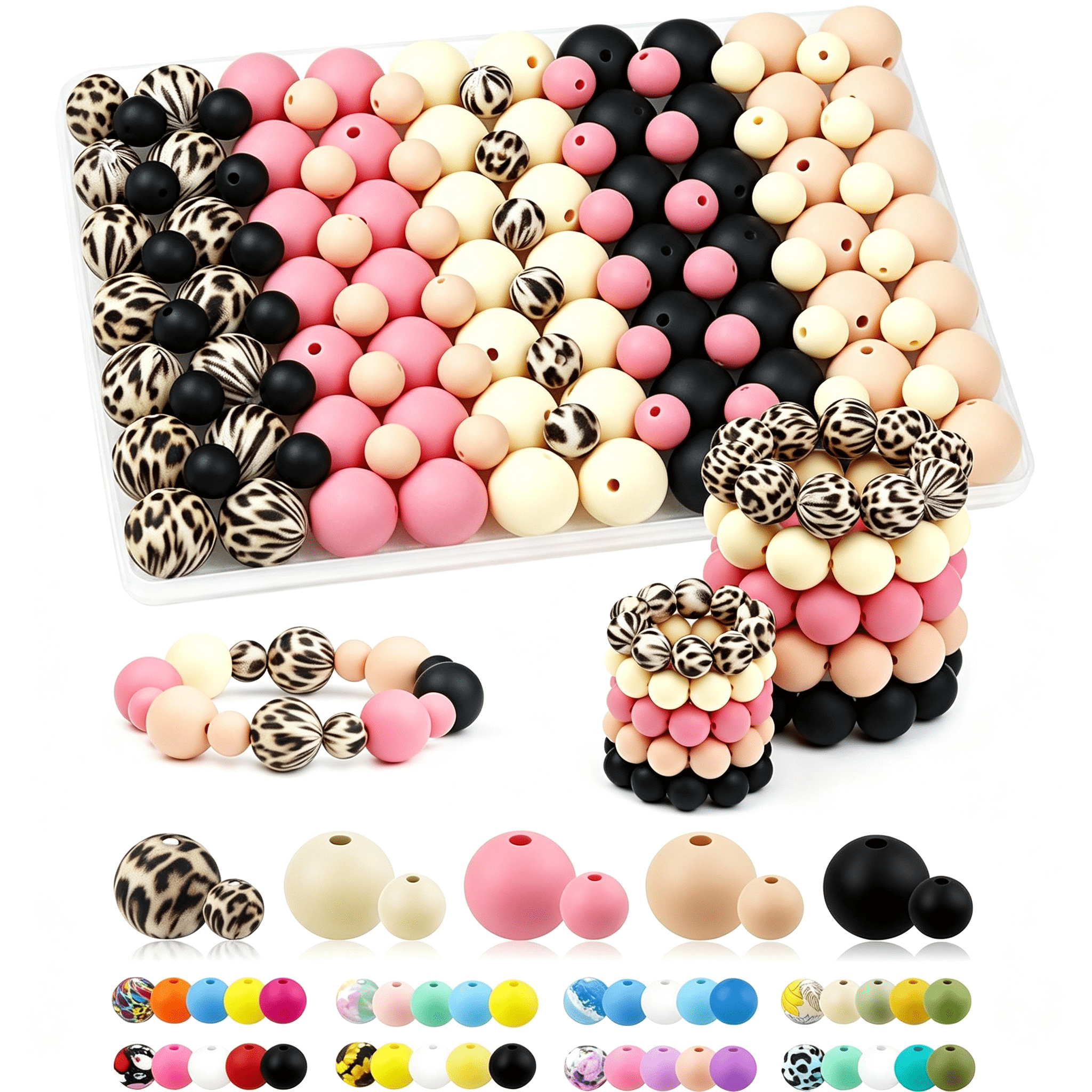 BZCOE 100Pcs 9Mm &15Mm Silicone Beads,Pink Black Mix|5 Colors,Fade ...