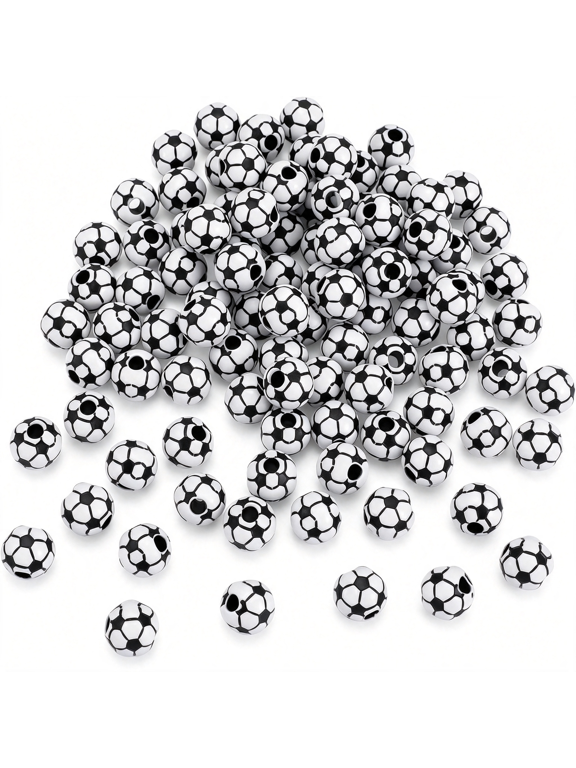 100Pcs Soccer Beads, Acrylic Soccer Ball Focal Beads, 10Mm Beaded Pens Bead Round Loose Bead for Diy Bracelets Lanyard Keychains Necklace Making Crafts
