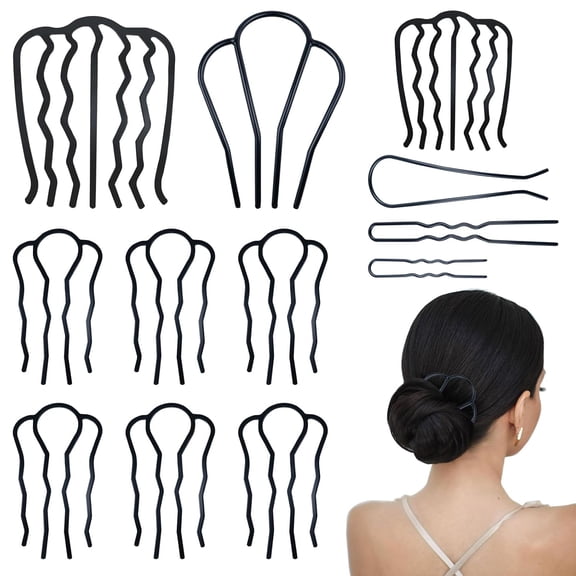 BZCOE 12 Pieces Hair Side Combs Metal Hair Fork Clip French Twist Comb Updo Hair Stick, U-Shape Teeth Styling Tools Messy Bun Maker Vintage Hairstyle Hair Pins Hair Accessories for Women and Girls