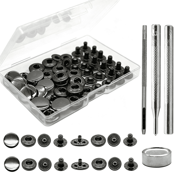 BZCOE 12 Set Leather Snap Fasteners Kit,15Mm Metal Snap Buttons Kit Press Studs with 4 Install Tools,Rivets and Snaps for Clothing,Jeans,Jackets,Bracelets,Bags (Black)