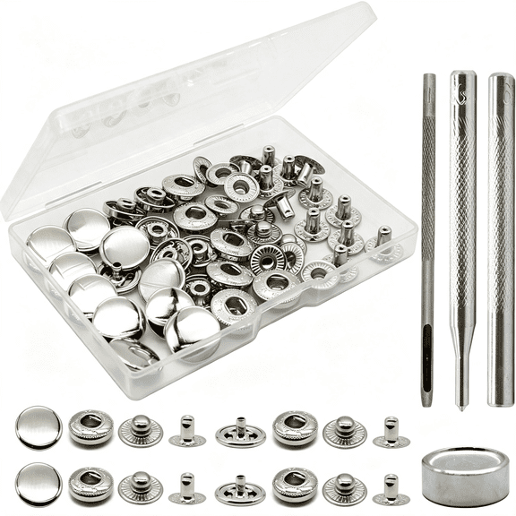 BZCOE 12 Set Leather Snap Fasteners Kit,15Mm Metal Snap Buttons Kit Press Studs with 4 Install Tools,Rivets and Snaps for Clothing,Jeans,Jackets,Bracelets,Bags (Silver)