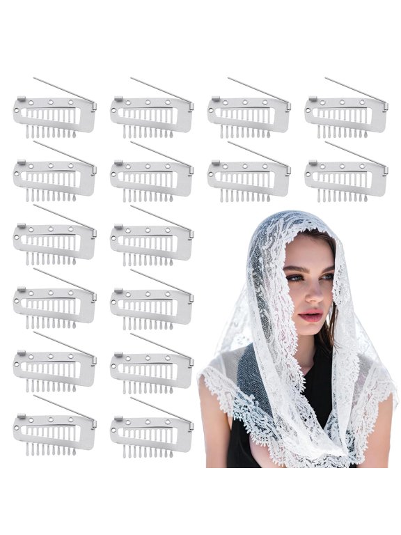 16Pcs Chunni Clips with Safety Pins,10-Teeth Hair Extension Snap Invisible Wig Combs No Sew,Strong Chunni Grip Dupatta Setting Clips Indian for Woman Veil Hair Extensions Hairpieces,Silver