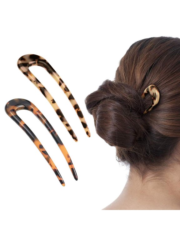 2 Pack French Style Cellulose Acetate Tortoise Shell U Shaped 4.7 Inch Hair Pins Fork 2 Prong Updo Chignon Pin for Women Girls Hairstyle AccessoriesTortoiseshell and White Tortoiseshell)