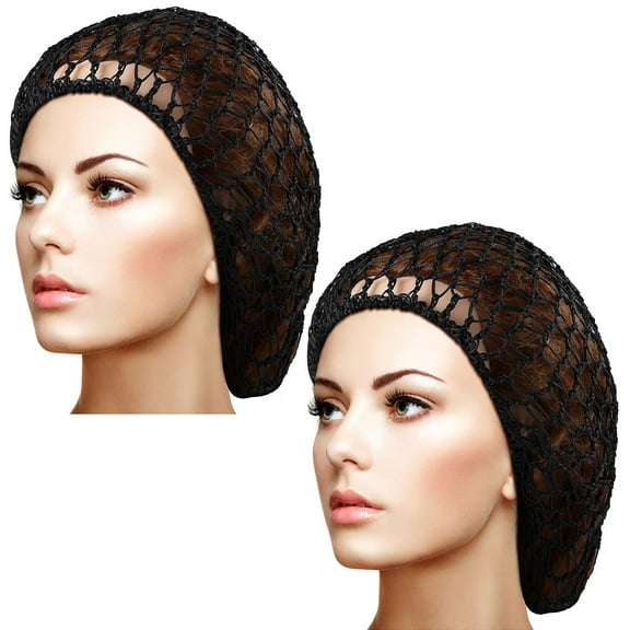 BZCOE 2 Pcs Hair Nets Snood for Women Food Service Worker Sleeping Long Hair Cap Mesh Crochet Hairnet Tubi Wrap Rayon Knit, Breathable Hair Nets for Sleeping (Black)