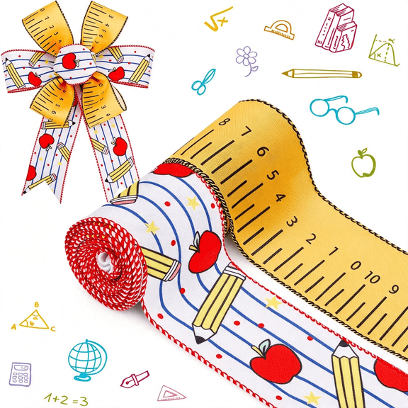 BZCOE 2 Rolls Back to School Wired Edge Ribbons, 12 Yards Apple Pencil Stripe Wrapping Ribbon for First Day of School Party Diy Craft Teacher Wreaths Bow Decor (A)