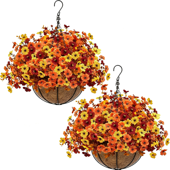 BZCOE 2 Set Artificial Fall Mums Hanging Flowers Plants Baskets,504 Uv Resistant Faux Silk Violet Fake Chrysanthemum in Planter Realistic Look for Autumn Porch Home Patio Garden Yard Outdoor Decor