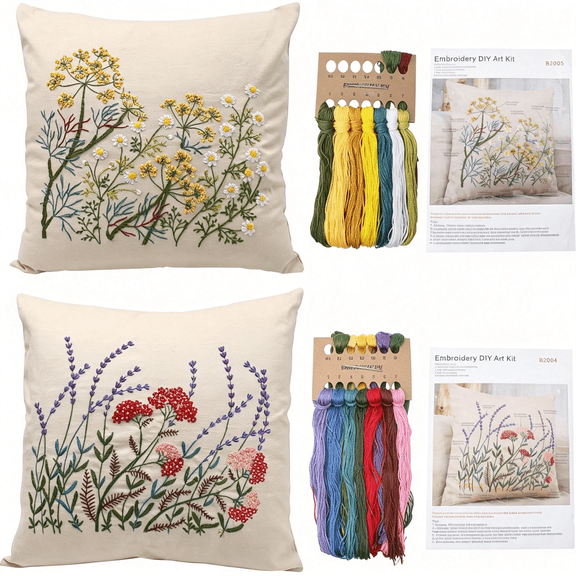 BZCOE 2 Set of Embroidery Pillow Kit Including Pillowcase Cover Cushion Case with Large Drawings and Zipper, Threads, Needles & Instruction Kits for Lace Crewel Craft, No Pillow Core (Lavender)