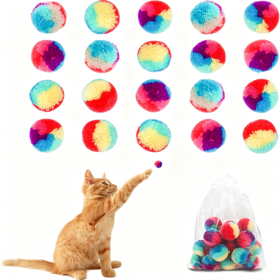 BZCOE 20Pcs Cat Ball Toy,1.18-Inch Rainbow Cat Toy Ball Colorful Cat Pom Pom Balls with a Small Pouch,Fuzzy Kitty Balls for Cats,Kitten Toys for Playing Training Chasing(A,Small)