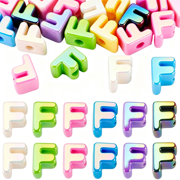 BZCOE 20Pcs Large Hole Acrylic Beads Letter F Iridescent Big Plastic Letter Blocks European Beads 3D Letters Initial Alphabet Bead for Keychains Necklace Diy Arts Craft