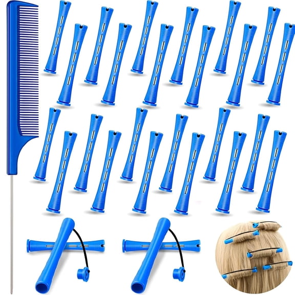 BZCOE 24 Pcs Hair Perm Rods Plastic Cold Wave Perming Curlers Hair Rollers with Steel Pintail Comb Rat Tail Comb Tools for Hairdressing Styling(Blue,0.35"Es)