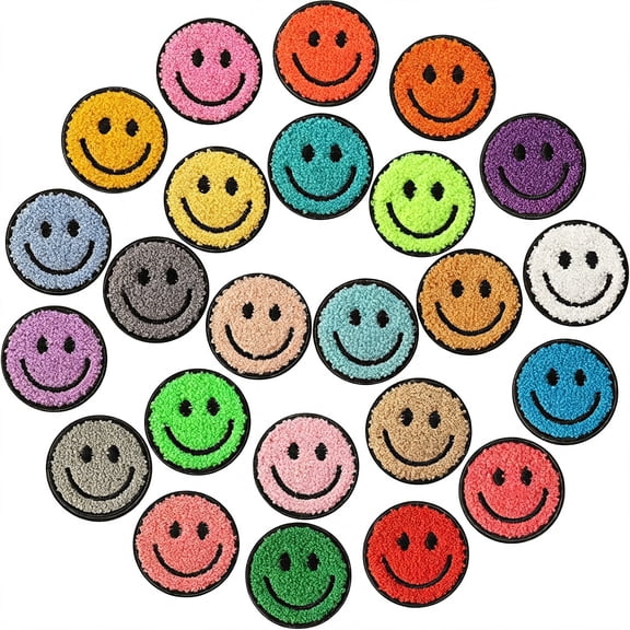 BZCOE 24 Pcs Smile Face Patch Iron on Patches 2" Chenille Cute Preppy Happy Face Patches Glitter Heat Sequins Applique for Backpacks Hats Clothes Jackets Decorative Diy Craft(Towel Cloth Style)