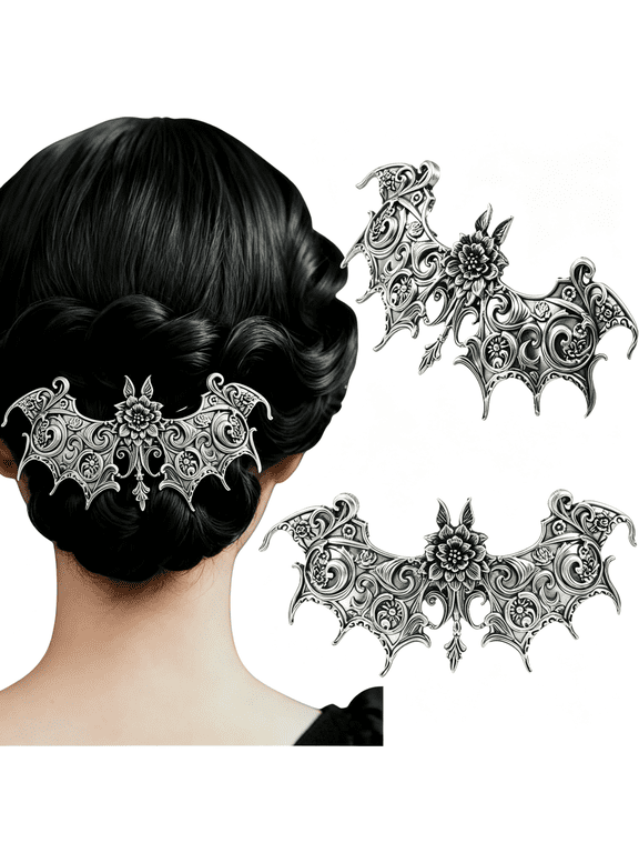 2Pcs Gothic Bat Hair Clips with Flower Halloween Hair Accessories for Women,Spooky Goth Hair Clips,Gothic Hair Accessories Bat Wing Barrettes,Witch Hair