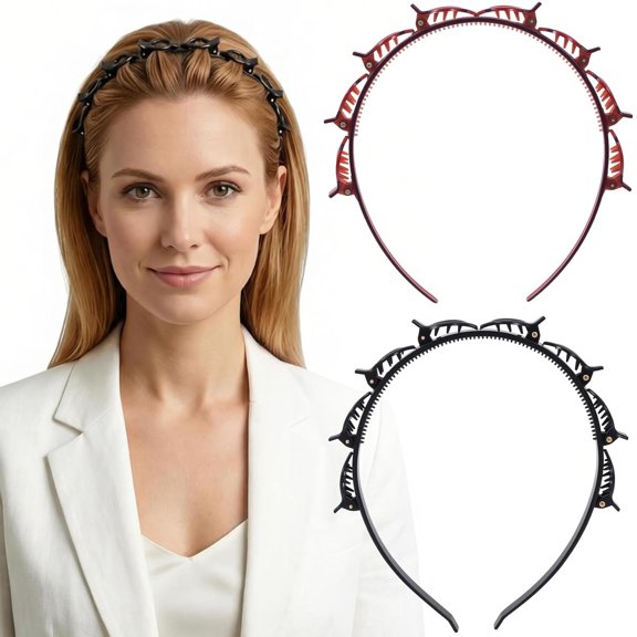 BZCOE 2Pcs Headband with Clips for Women,Double Layer Bangs Hair Clip Hairpin Headband with Teeth,Vintage 90S Braided Headbands Accessories for Daily,Parties,Festivals Hairstyling-Brown,Black