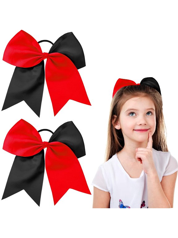2Pcs Large Cheerleading Hair Bows,Red and Black,8In Jumbo Size,Ponytail Holder Elastic Band,For Teen Girls Softball Uniform,Competition Ready Team Spirit Bows