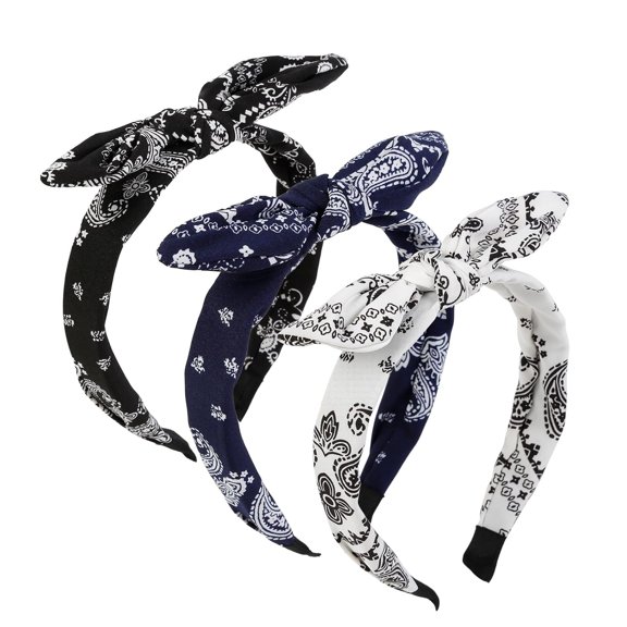 BZCOE 3 Packs Bow Headbands for Women Girls Paisley Knotted Hair Accessories,Non Slip Top Knot Turban Hairbands Headwraps,3Pcs (Black,White,Navy Blue)
