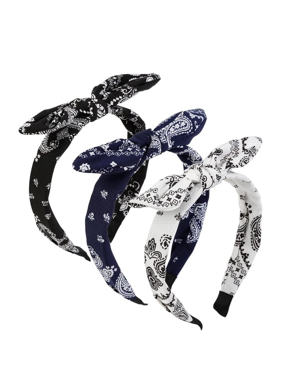 3 Packs Bow Headbands for Women Girls Paisley Knotted Hair Accessories,Non Slip Top Knot Turban Hairbands Headwraps,3Pcs (Black,White,Navy Blue)