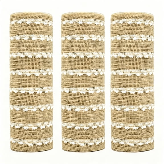 BZCOE 3 Rolls Jute Snowball Deco Mesh Ribbon for Wreath Making Supplies Metallic Poly Burlap Deco Mesh Fabric,Christmas Tree Spring Easter Decorative Mesh Ribbon Wreath Swags,10" X 30Ft/Roll