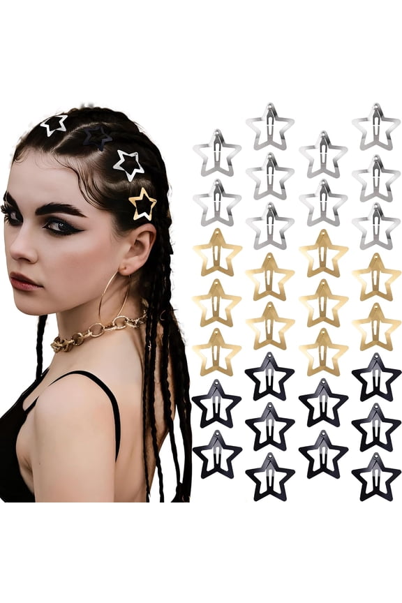30 Pcs Metal Star Hair Clips 2000S Y2K Snap Barrettes 1.25 in Non Slip Star Hair Accessories for Women,Star Barrettes for Women Black Gold Silver