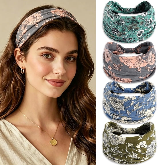 BZCOE 4 Pack Wide Headbands for Women Boho Floral Print Head Band African Hair Scarf,Twist Knotted Head Wraps,Workout Yoga Spa Travel Bandanas Hair Accessories for Girls Lady