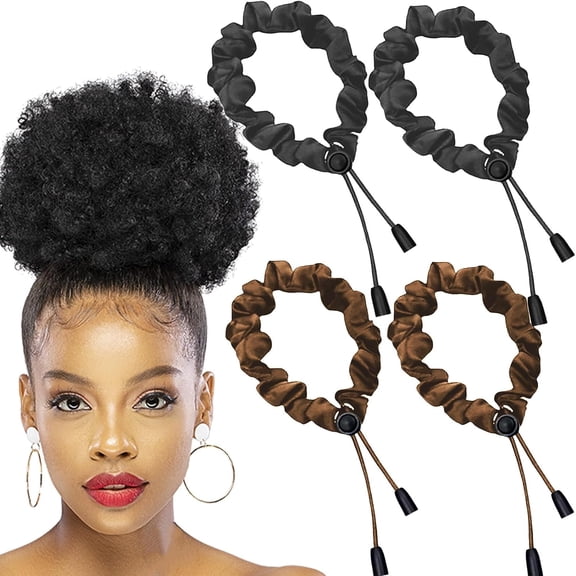 BZCOE 4 Pcs Afro Puff Hair Tie Satin Hair Scrunchies, Black and Brown Adjustable Hair Ties, No Slip Headband for Thick Hair