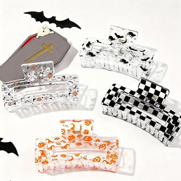 BZCOE 4 Pcs Transparent Halloween Hair Claw Clips for Women,3.35 Inch | Rectangle Jaw Clips with Pumpkin, Bat, Ghost,Witch Hat Halloween Hair Clips