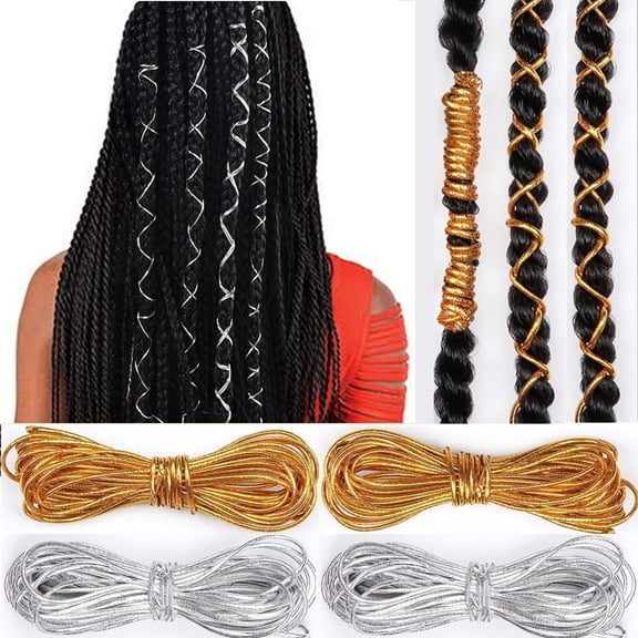 BZCOE 4 Pieces 5M Elastic Cords Braids Hair Dreadlock Braids Hair Accessories Metallic Tinsel Stretch Cord Ribbon Gold Silver String Jewelry Thread for Hair Braiding Ornament Hanging