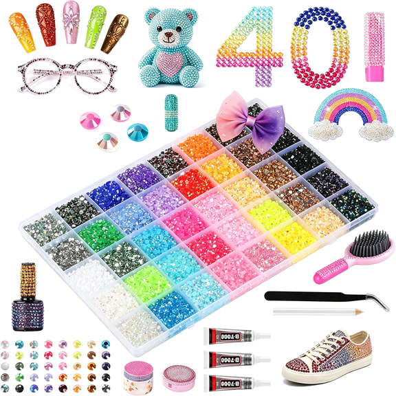 BZCOE 40000Pcs 40 Colors Resin Jelly Rhinestones Kit,3Mm Flatback Rhinestones with 3Pcs B7000 Jewelry Glue&Tools,Bedazzler Kit with Rhinestones,All-In-One Bedazzling Kit for Diy Arts