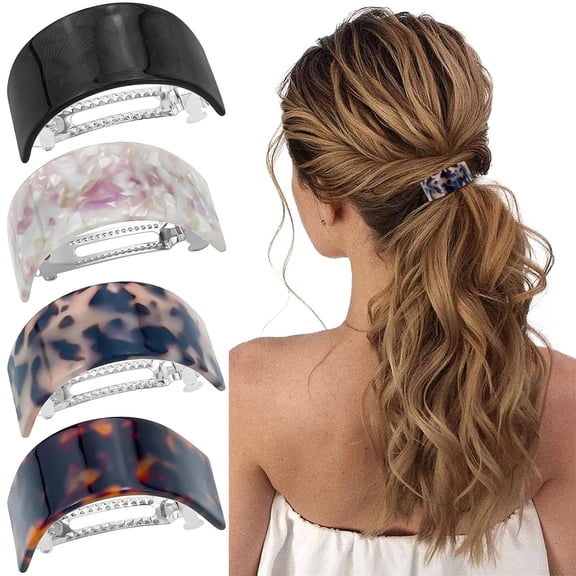 BZCOE 4Pcs Tortoise Shell Hair Clips Thick Ponytails Holder Cuff Semi Circle Hair Barrettes French Snap Closure Spring Clamp Metal Elegant Hair Accessories for Women Thick Hair