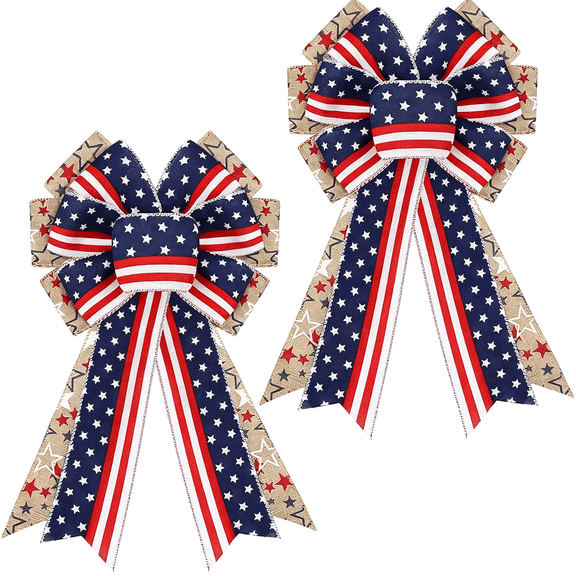 BZCOE 4Th of July Patriotic Wreath Bows,2 Pcs Large American Flag Burlap Ribbon Bows for Front Door,Staircase,Independence Day Memorial Day Party Home Decoration(4Th of July,One Size)