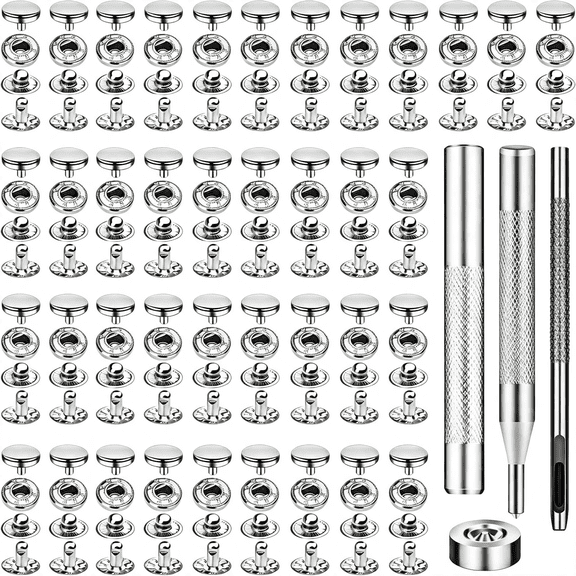 BZCOE 50 Sets Leather Snap Fasteners Kit 10Mm Silver Metal Snap Buttons,Stainless Steel with 4Pcs Snap Fastener Installation Tools for Sewing Clothing,Bracelets,Jackets,Bags Belt,Diy Crafts