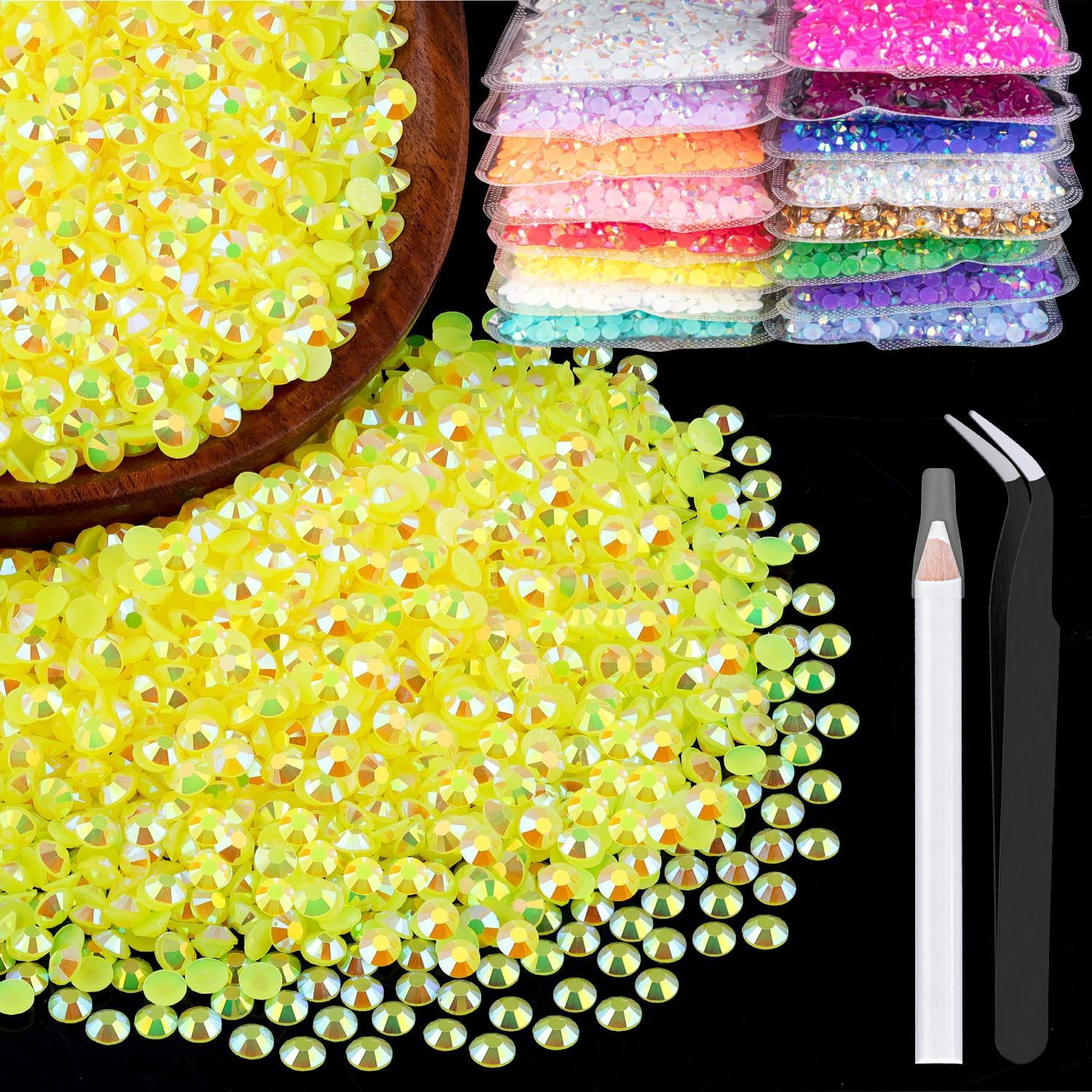BZCOE 5000Pcs 3Mm Resin Rhinestones Bulk,Lemon Yellow Ab Flatback Round ...