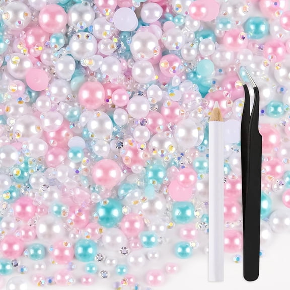BZCOE 50G Mix Flatback Rhinestones Half Pearls for Crafts Mixed Size 3Mm-10Mm Flat Back Rhinestones for Crafts Flatback Pearls for Decorating Tumblers Mugs Nail Art Shoes (Pink Blue Series)