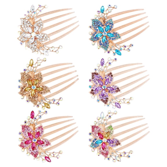 BZCOE 6 Pack Luxury Glitter Sparkly Jeweled Gems Rhinestones Decorative Gold Metal Hair Side Combs Slides with Teeth Hair Bun Clips Updo Accessories Crystal Flower Hair Pin Barrettes