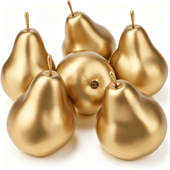 BZCOE 6 Pcs Gold Fake Pears, Lifelike Artificial Fruit Decor | Realistic Faux Pear Props for Home Kitchen Office, Table Centerpiece, Christmas Birthday Party Wedding Display