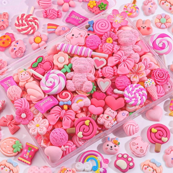BZCOE 60Pcs Pink Slime Charms Cute Flatback Resin Charms for Slime, Random Kawaii Decoden Charm for Embellishments Phone Junk Case Charms Bulk Rainbow Bow Heart Lollipop, Scrapbooking Diy Decor