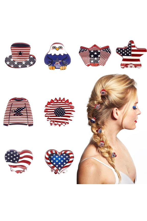 8Pcs Mini 4Th of July Hair Clips for Girls Women,Cute Patriotic Mini Claw Clips,Red White Blue Usa Flag Hair Accessories for Independence Day Holiday Party