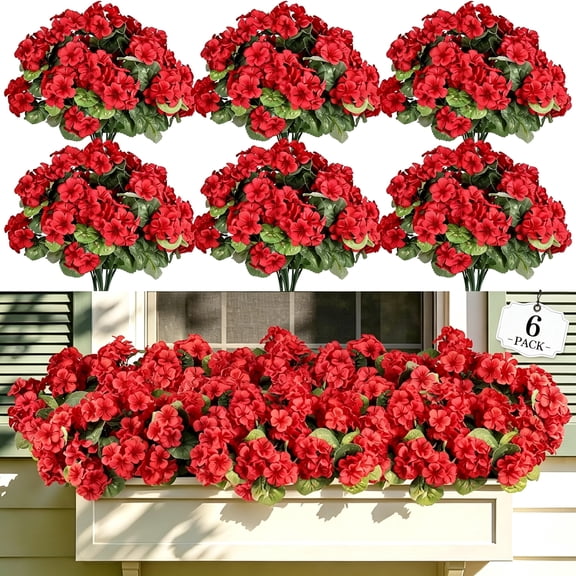 BZCOE Artificial Flowers for Outdoors,6 Bundles Realistic Faux Silk Red Geraniums Flowers Uv Resistant No Fade Fake Plants for Outside Planter Christmas Front Porch Garden Patio Balcony