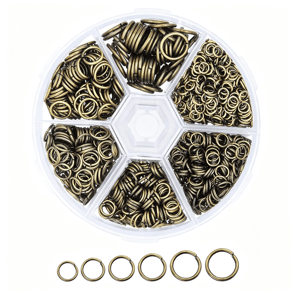 BZCOE Assorted Antique Brass Jump Rings Jewelry Making Supplies | 1250 Findings in Storage Container, 4Mm to 10Mm Small Open Metal O Rings, for Necklaces, Earrings, Charms, Keychains