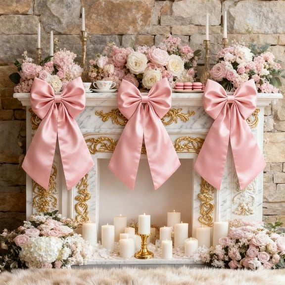 BZCOE Big Pink Bow Coquette Room Decor 23X11 Inch Satin Bows Large Pastel Pink Bows Birthday Decorations Crib Skirt Christmas Tree Topper Girl Room Xmas Gift Wrapping Bachelorette Baby Shower 3Pcs