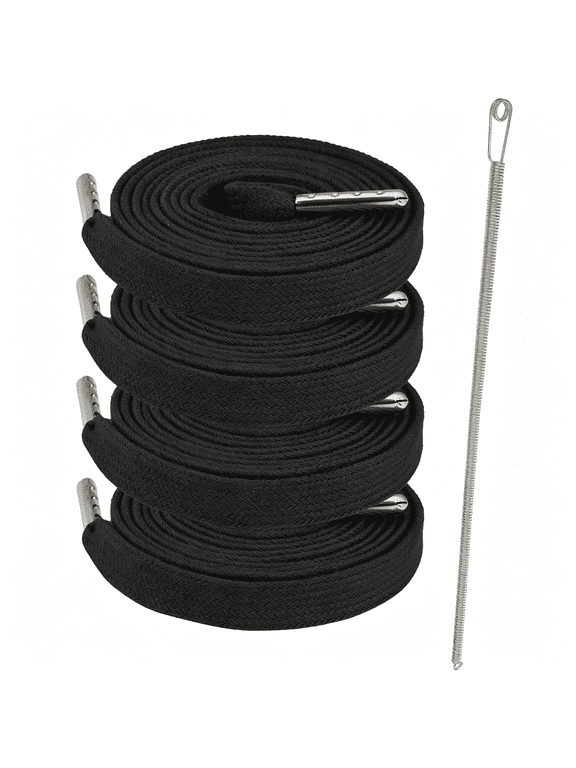 Black Flat Drawstring Cords Replacements 4 Pack, 10Mm Cotton Drawstrings 55" for Sweatpants, Hoodies Shorts with Easy Threader Durable Hoodie String Replacement