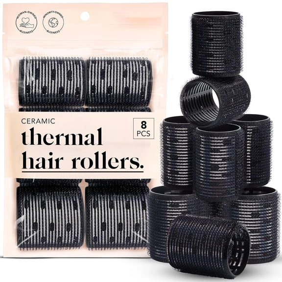 BZCOE Ceramic Hair Rollers for Women-Black,8 Count(Pack of 1)| Self-Grip Hair Curlers for Heatless Overnight Curls,Frizz-Free Hair Roller,Volumizing Large Rollers for All Hair Types